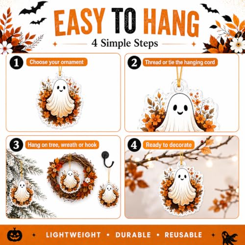 Fall Ghost Flower Halloween Thanksgiving Tree Ornaments - 8 Pcs, Acrylic, Indoor Decor