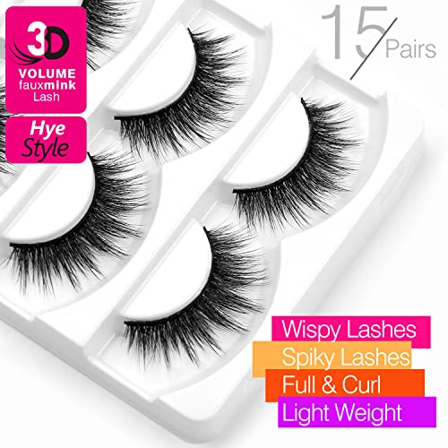 Natural Look False Eyelashes 15 Pairs - Wispy Cat Eye Strips, Lightweight, Reusable