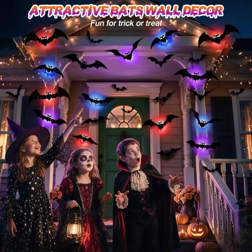Halloween Bat Decorations Set with Rechargeable Lights - Black, 48 Bats + 12 Lights