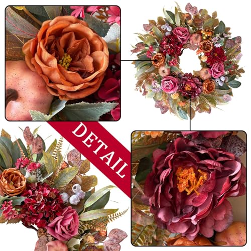 24-Inch Fall Floral Front Door Wreath with Burgundy Roses & Pumpkins - Farmhouse Harvest Decor