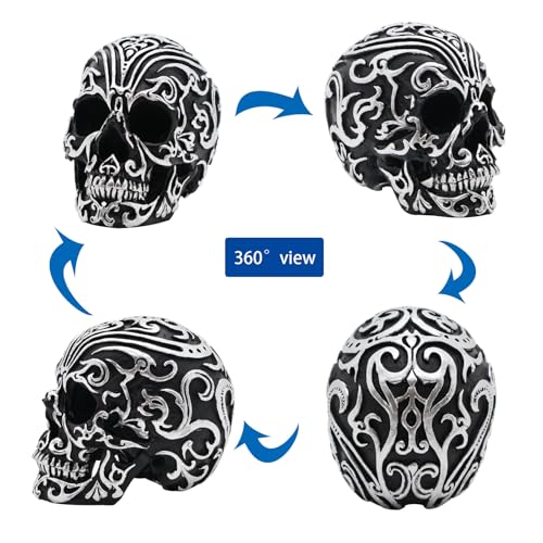 Gothic Skull Decor - 5.2 Inch Halloween Skeleton Head with Silver Patterns for Home & Office