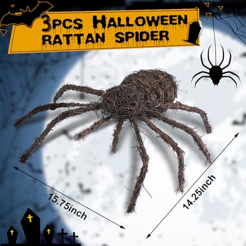 Large Halloween Rattan Spider Decorations Set - Natural Wicker, 3 Pack