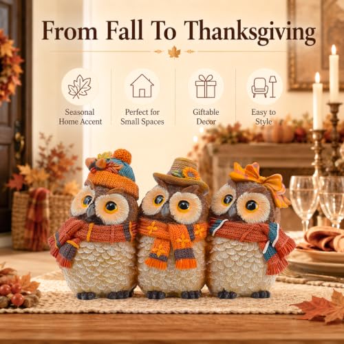Autumn Owl Figurines Set - Fall Harvest Decor for Thanksgiving & Halloween