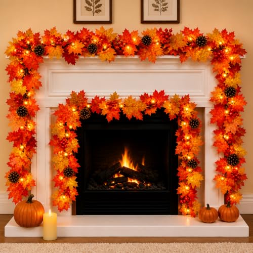 Lush Fall Garland with Pinecones Berries and Lights - 108 Inches, Connectable, UL Certified