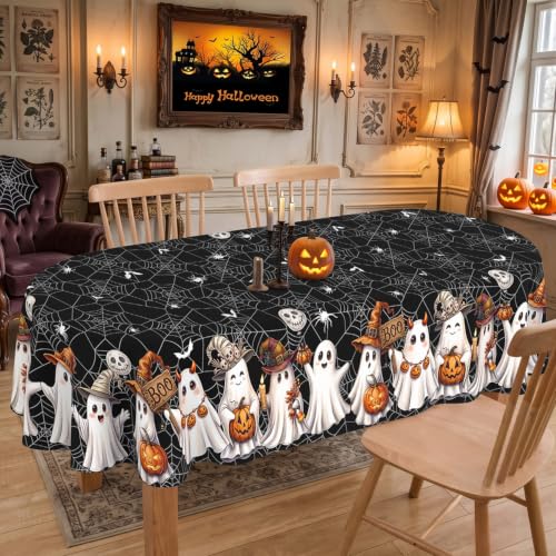 Halloween Ghost Black Oval Tablecloth 60x102 Inch Washable Fabric Party Cover - Spider Web & Ghost Design