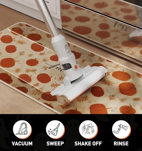 Halloween Kitchen Mat Set of 2 - Pumpkin Fall Design, 17x29 & 17x47 Inches - Orange Variation