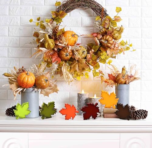 Set of 6 Fall Maple Leaf Wooden Decor Blocks for Autumn Tabletop & Shelf Display
