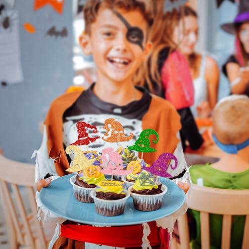 Halloween Witch Hat Cupcake Toppers - Glitter Wizard Hat Picks Style 32, 24PCS