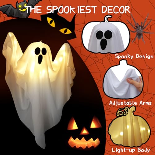 Light-Up Hanging Ghosts Halloween Decorations, 2 Pack, White