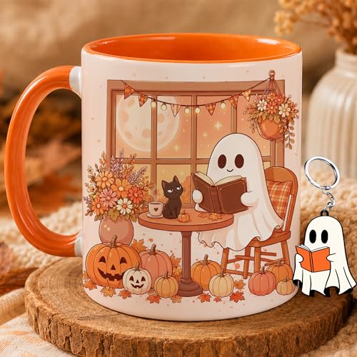 Ghost Fall Reading Mug 11 Oz with Keychain - Book Lover Gift, Halloween & Autumn Theme - Variation: Ghost Fall & Cat