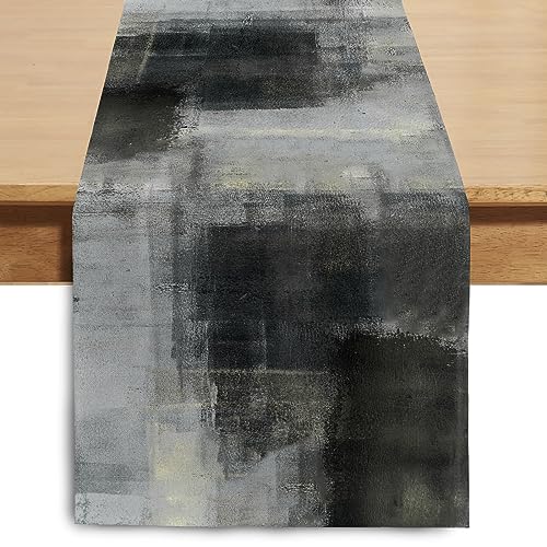 Watercolor Table Runner 13x60 Inches Black Grey Floral Design - Durable Polyester Linen Blend