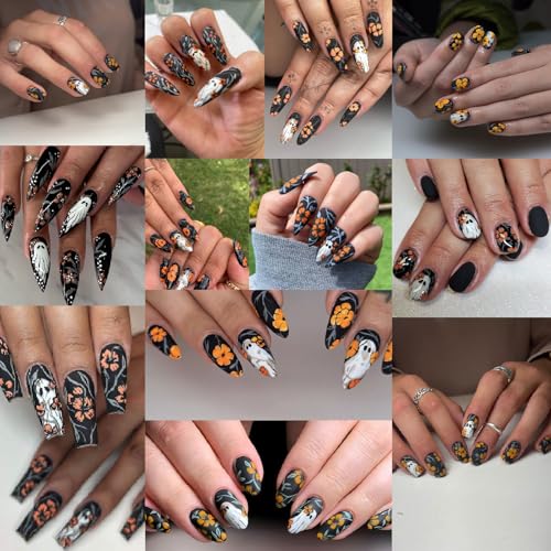 Halloween Nail Art Stickers Decals - Ghost & Hibiscus Flower Design, 8 Sheets - Cute Ghost Variation