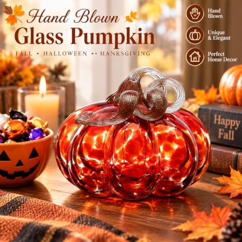 Red Hand Blown Glass Pumpkin Decoration - Fall Harvest Halloween Tabletop Accent