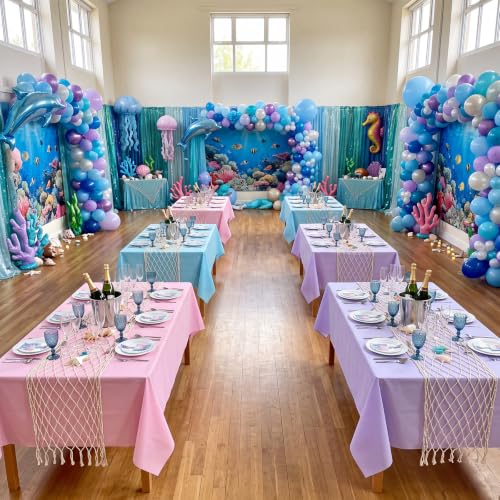Fish Net Table Runner & Plastic Tablecloth Set - Mermaid Color, 12 Pieces