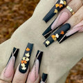 Fall Press On Nails Long Coffin Fake Nails with Maple Leaf Design - Black & Gold French Tips - 24 Pcs