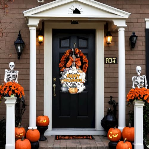 Happy Halloween Spiderweb Wooden Door Sign - Multicolor 01 Halloween Wall Art