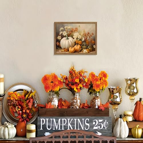 Autumn Pumpkin Wall Art - Framed White Pumpkin & Floral Canvas, 16x12in Rustic Fall Decor