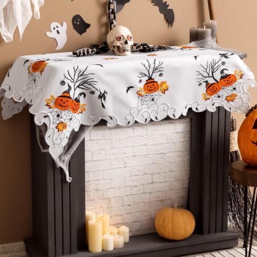 Halloween Embroidered Ivory Tablecloth 34 Inch - Spooky Pumpkin Bat Web