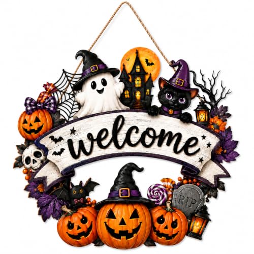 Wooden Halloween Wreath for Front Door Decor - Pumpkin Black Cat Ghost Design