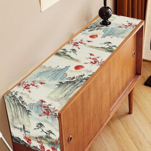 Japanese Ink Painting Cherry Blossom Table Runner - Rustic Asian Garden Decor 13x36 Variation of THIS listing