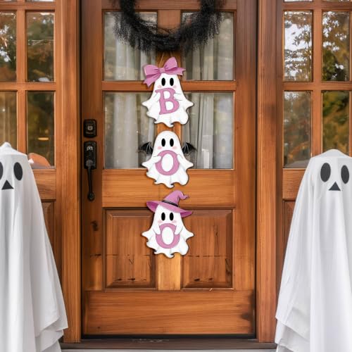 Halloween Pink Ghost Door Sign Decorations - Boo Wreath Hanger with 3 Plaques