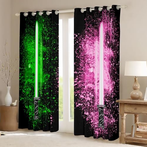 Kids Boys Teens Green Pink Light Saber Curtains - Blackout & Insulated Window Drapes
