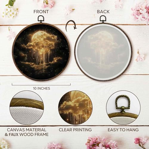 Dark Academia Moon Wall Art Decor - 10x10 Inch Round Canvas with Golden Moon & Cloud Design