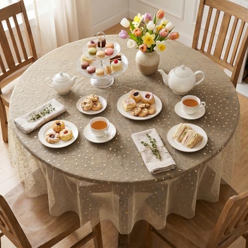 Horaldaily 60-Inch Round Beige Gold Gauze Star Moon Tablecloth - Durable Polyester
