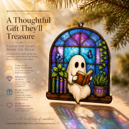 Bookish Ghost Ornament for Christmas Tree & Holiday Decor - Cozy Reading Scene