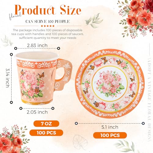 Disposable Floral Paper Tea Cups & Saucers Set - 7 oz Orange for Tea Party