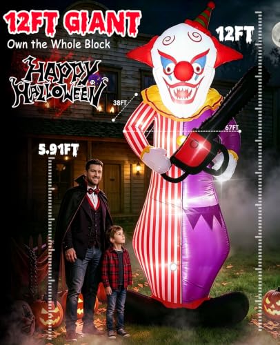 12FT Halloween Inflatable Killer Clown with Chainsaw - Motion-Activated Horror Decor