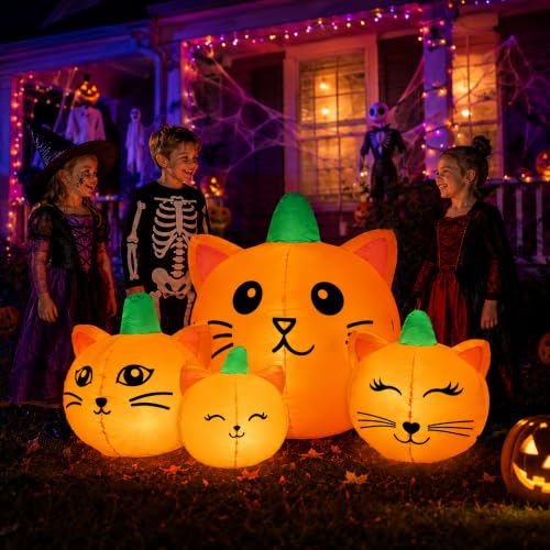 Halloween Inflatable Pumpkin Cat Heads Set - 6.3ft Outdoor Yard Decor with LED Lights