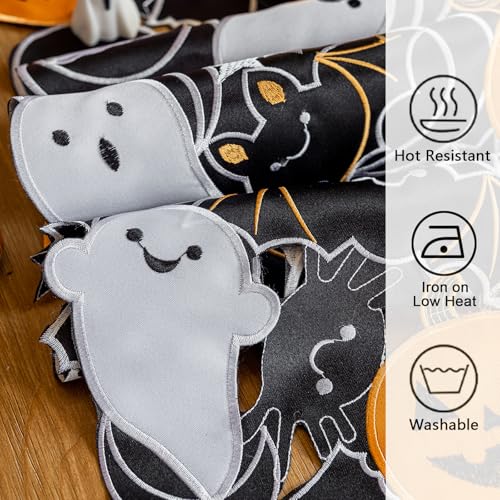 Halloween Spooky Table Runner 14 x 86 Inch with Embroidered Pumpkins & Bats - Gothic Fall Decor