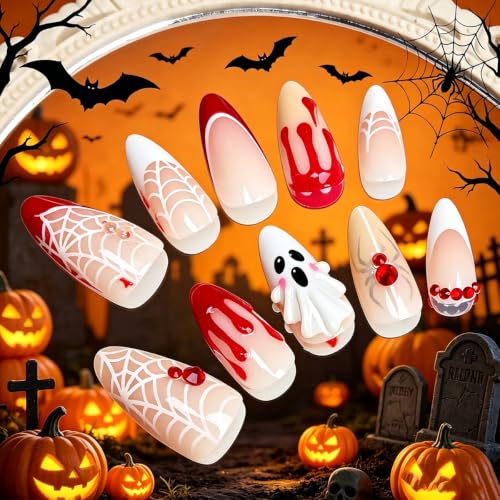 3D Halloween Press-On Nails Medium Almond Style-17, Spooky Nail Art, 30Pcs
