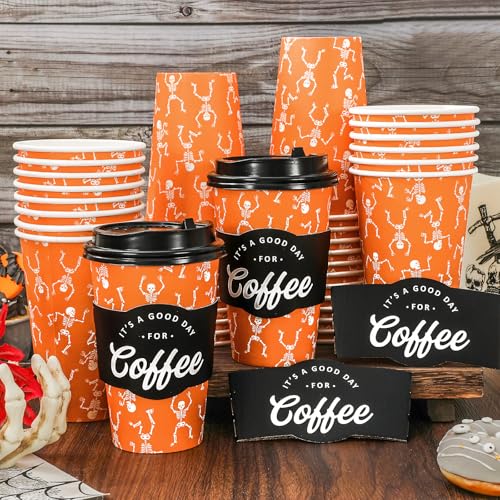 Halloween Skeleton Paper Cups with Lids & Sleeves - 48 Pack, 16oz, Orange Black
