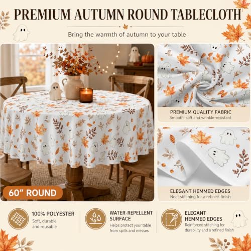 Fall Round Tablecloth 60 Inch Maple Leaves Ghost Autumn Table Cover Brown