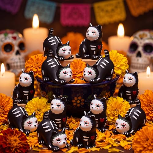 Day of the Dead Cat Figurines Set - Mini Ofrenda Skeleton Decor, 12 Pieces