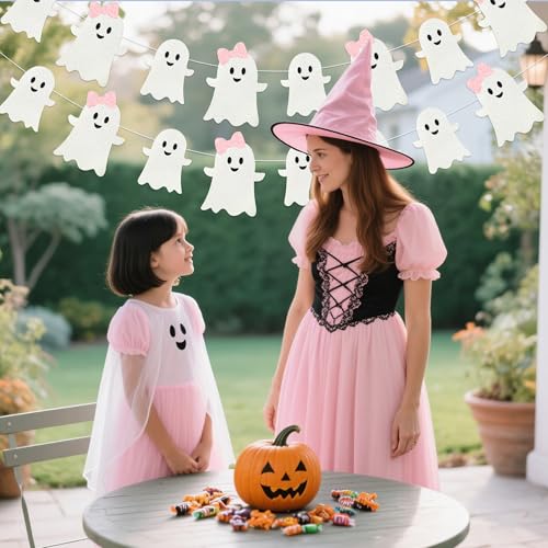Halloween Ghost Garland Banner - Pink & White Glitter Halloween Decorations - 16 ft Set