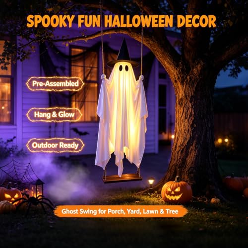 Adjustable Hanging Ghost Decorations with LED Lights for Outdoor Halloween Yard
