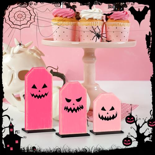 Pink Tombstone Halloween Ghost Tray Decor Sign - 3 Pack Wooden Table Signs