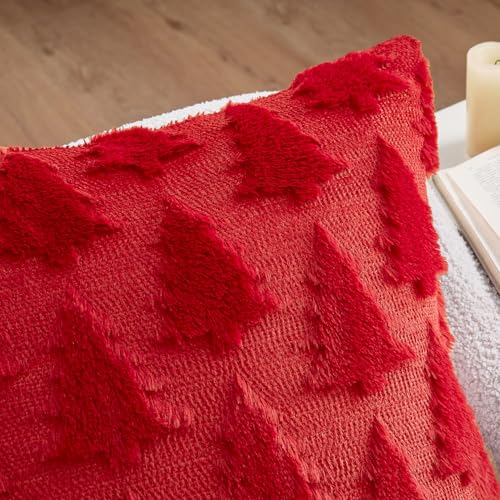 22x22 Holiday Christmas Throw Pillow Covers Set of 2 - Red Tree Design Soft Plush Faux Wool Winter Home Decor