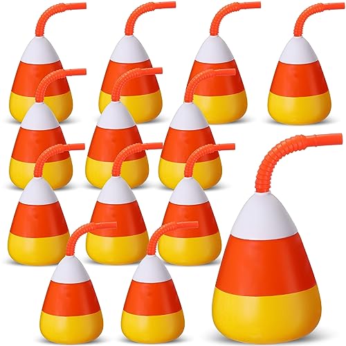 Halloween Candy-Shaped Reusable Plastic Cups with Lid & Straw - 10 oz, 12 Pack