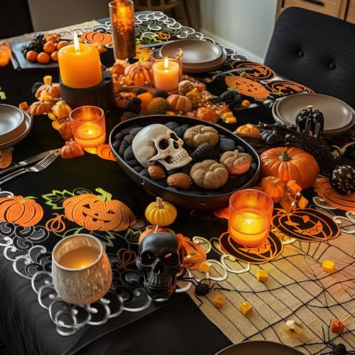 Halloween Embroidered Tablecloth for Dining Table - Black & Orange 86cm
