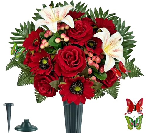 Artificial Cemetery Flowers for Grave Decorations - Realistic Rose Gerbera Lily Bouquet with Vase & Butterfly
