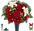 Artificial Cemetery Flowers for Grave Decorations - Realistic Rose Gerbera Lily Bouquet with Vase & Butterfly