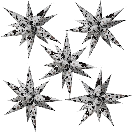 Black Silver Cow Print Explosion Star Balloons 5 Pack - 32 Inch DIY Foil Party Decorations
