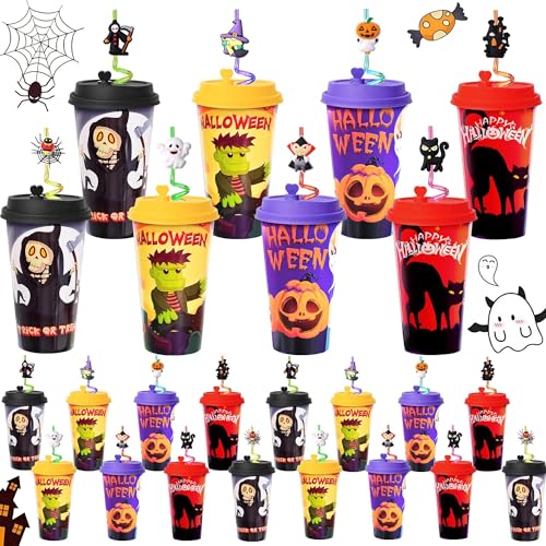 24 Halloween Party Favors Cups with Lids & Straws Bulk - Kids' Festive Drinkware - Variation of THIS listing 24