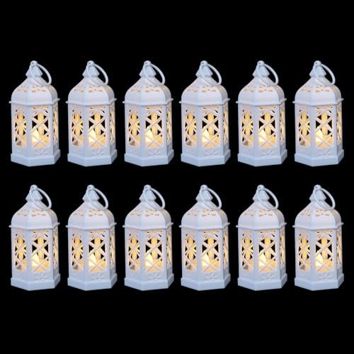 White Mini Moroccan Lanterns 12-Pack with Flickering LED Candles - Shatterproof Table & Hanging Decor for Ramadan Weddings Events