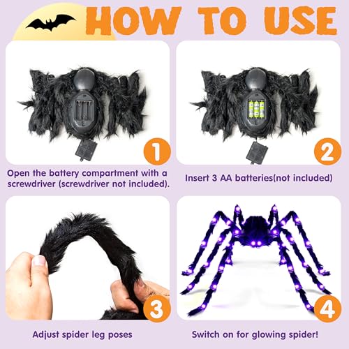 Giant Halloween Spider Lights - 5 Ft Outdoor Decor with Purple LED, Spooky Garden Props Set of 2