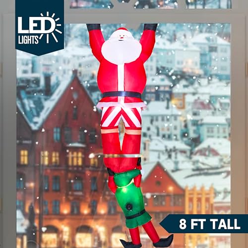 8ft Christmas Inflatable Climbing Santa with Falling Elf & Built-in LED Lights, Outdoor Yard Decor